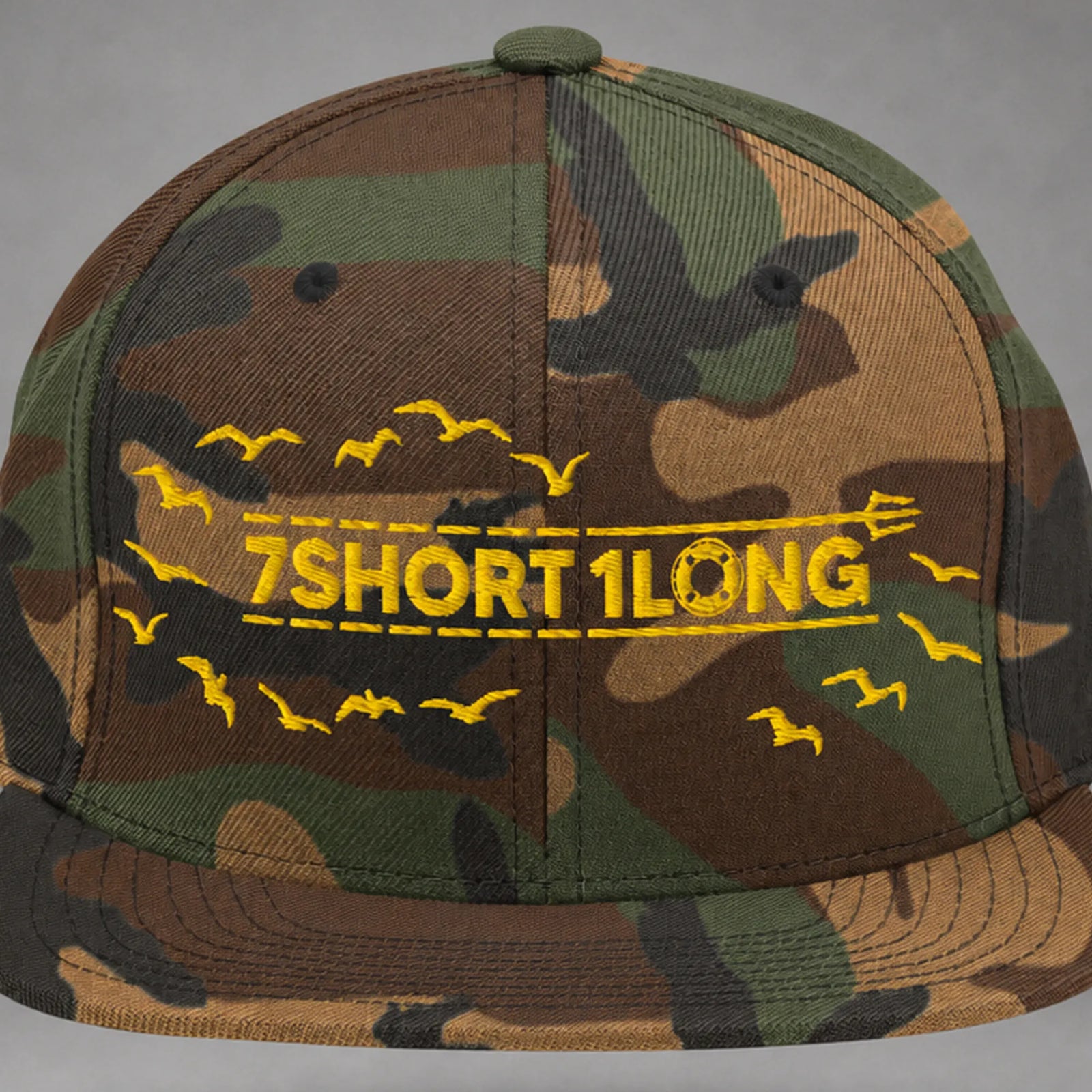 Close view of the Seagulls embroidery on a green camo snapback cap.