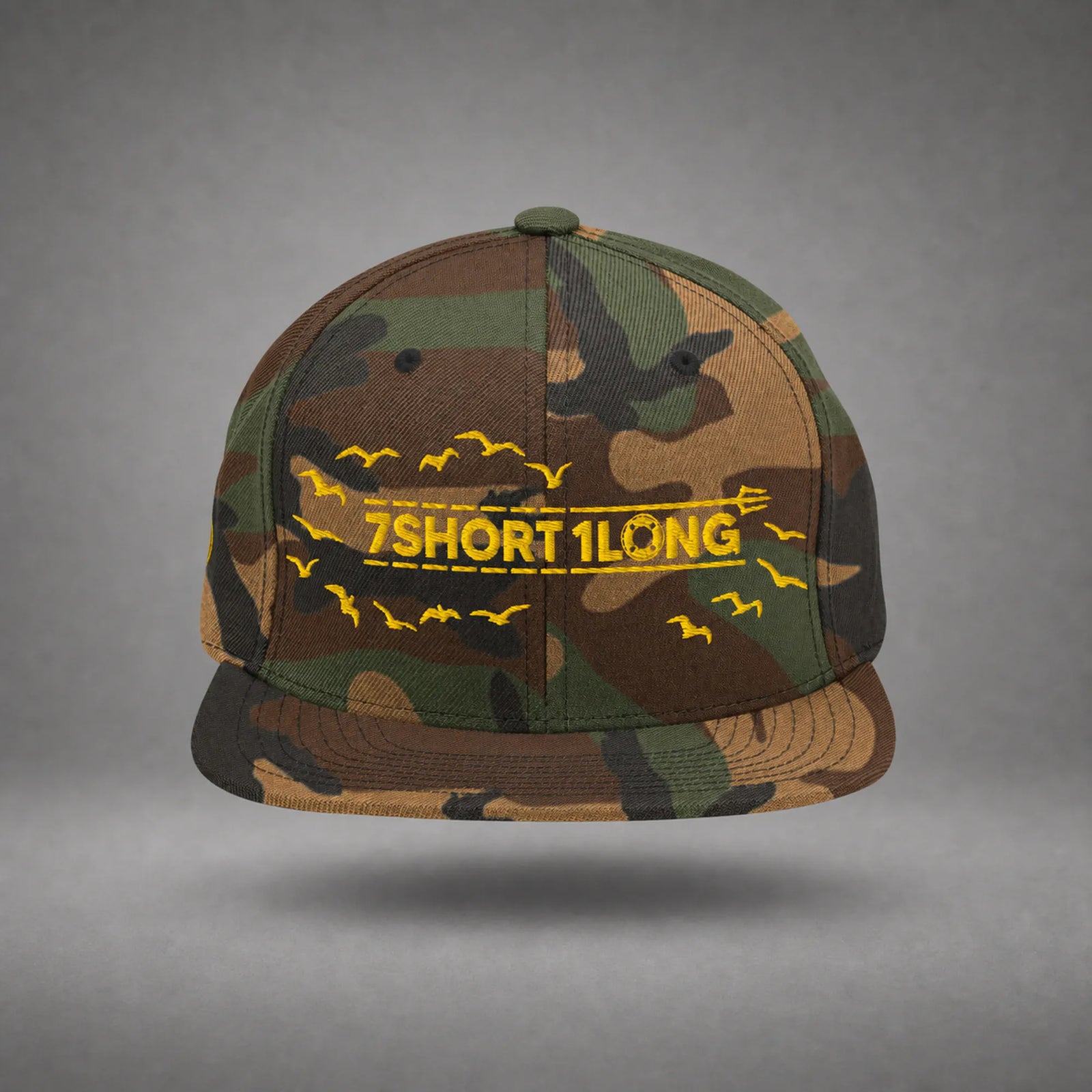 Green Camo Seagulls snapback cap shown from the front in a gray floating studio.
