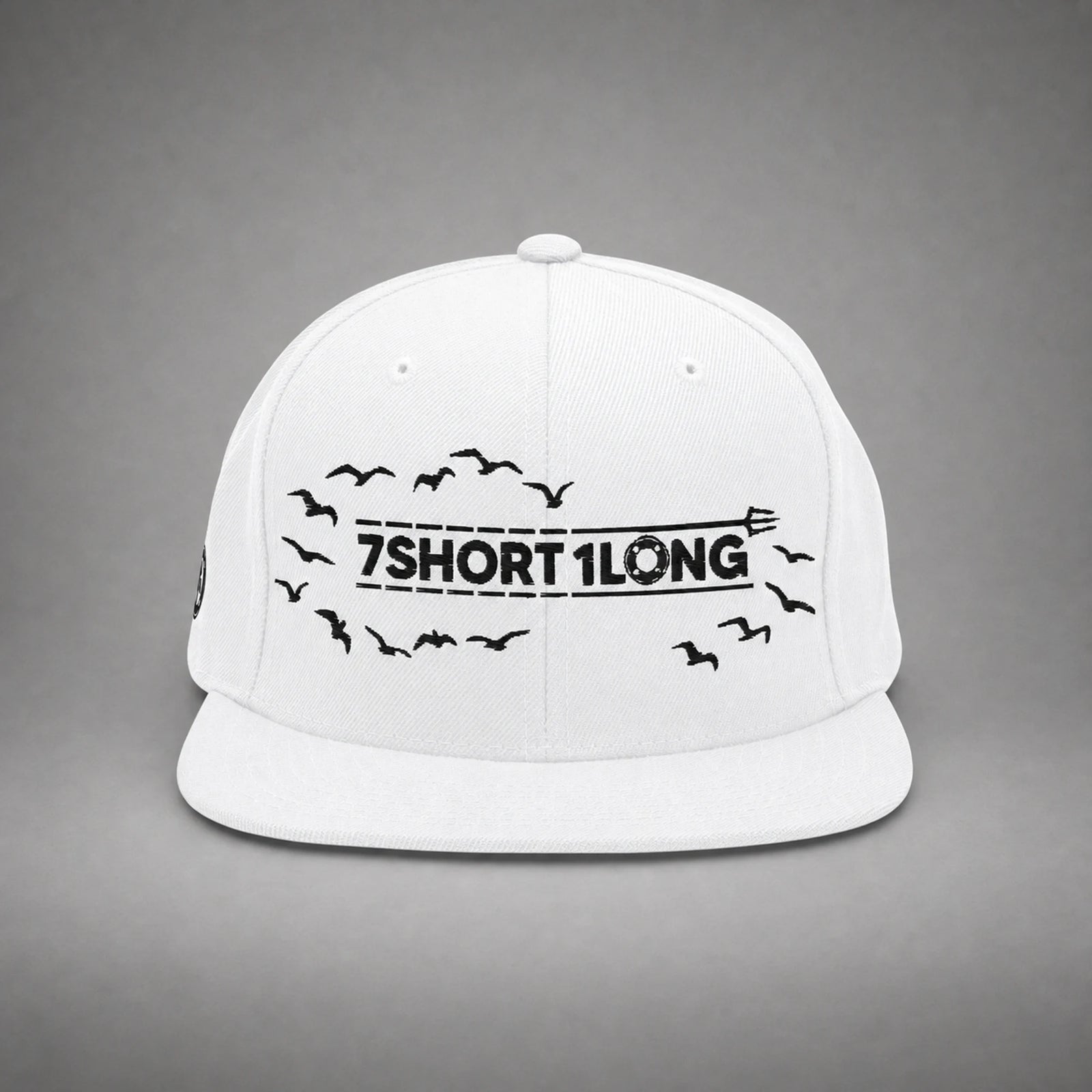 White Seagulls snapback cap shown from the front in a gray floating studio.