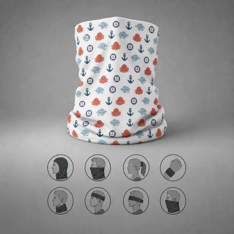 White neck gaiter with orange octopus, blue shark, and navy anchor pattern, upright front view with eight wearing-style icons.