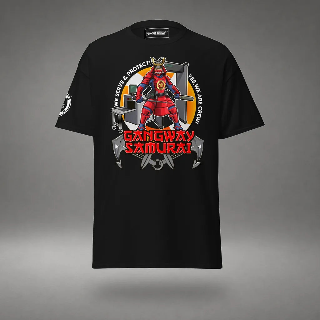 Ship Security Department T-Shirt in Black, front view, floating over a gray studio floor.