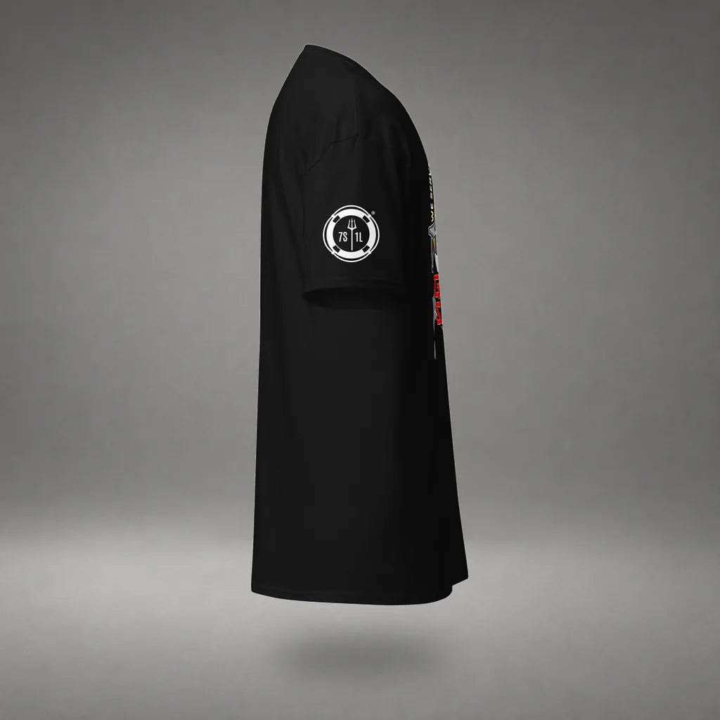 Ship Security Department T-Shirt in Black, right side view, floating over a gray studio floor.