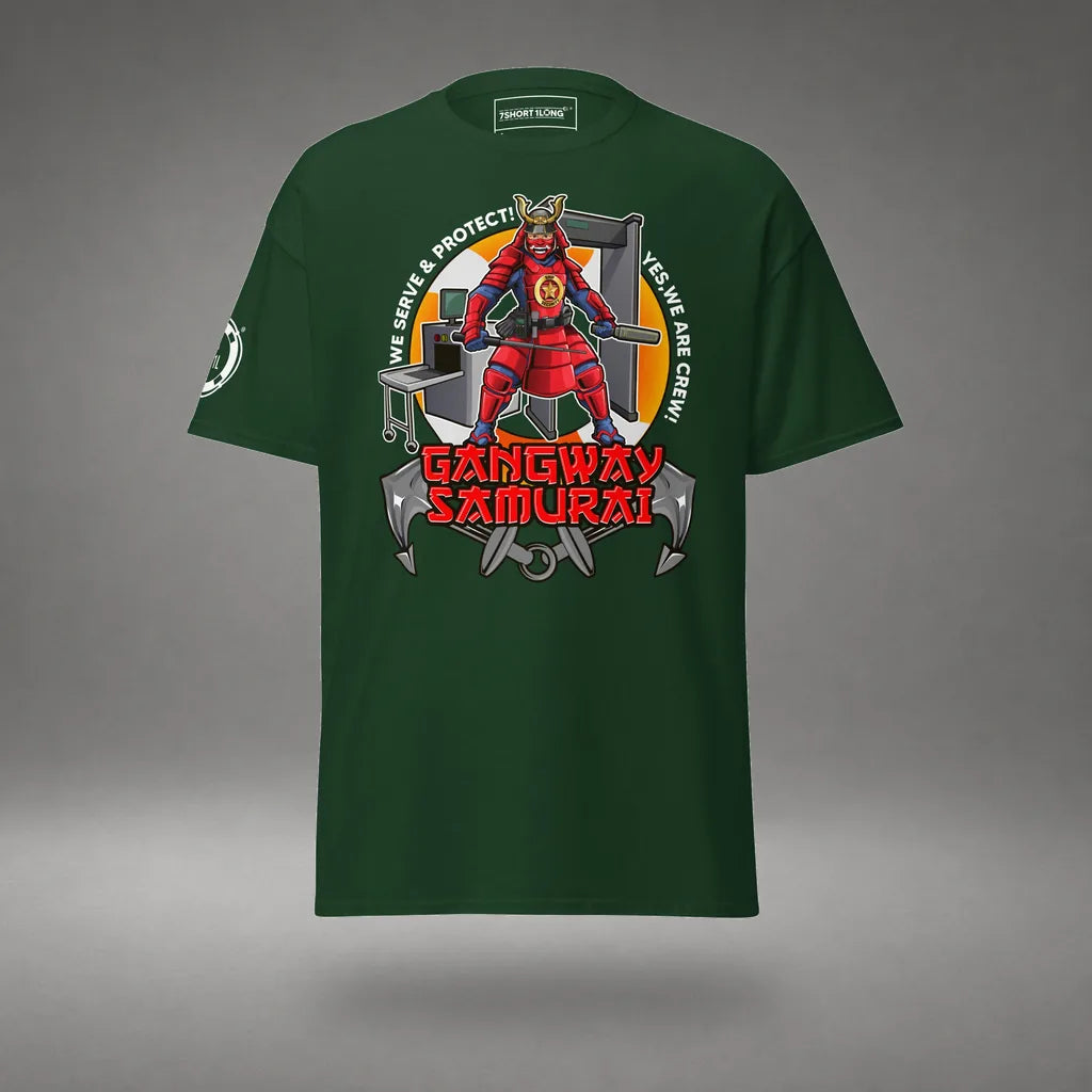 Ship Security Department T-Shirt in Forest Green, front view, floating over a gray studio floor.