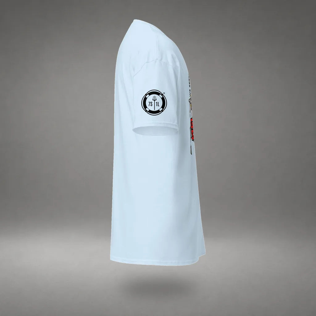 Ship Security Department T-Shirt in Light Blue, right side view, floating over a gray studio floor.