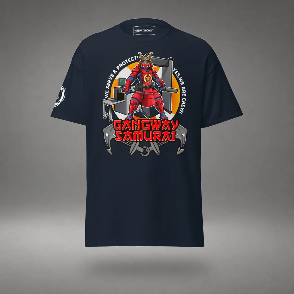 Ship Security Department T-Shirt in Navy, featured product view, floating over a gray studio floor.