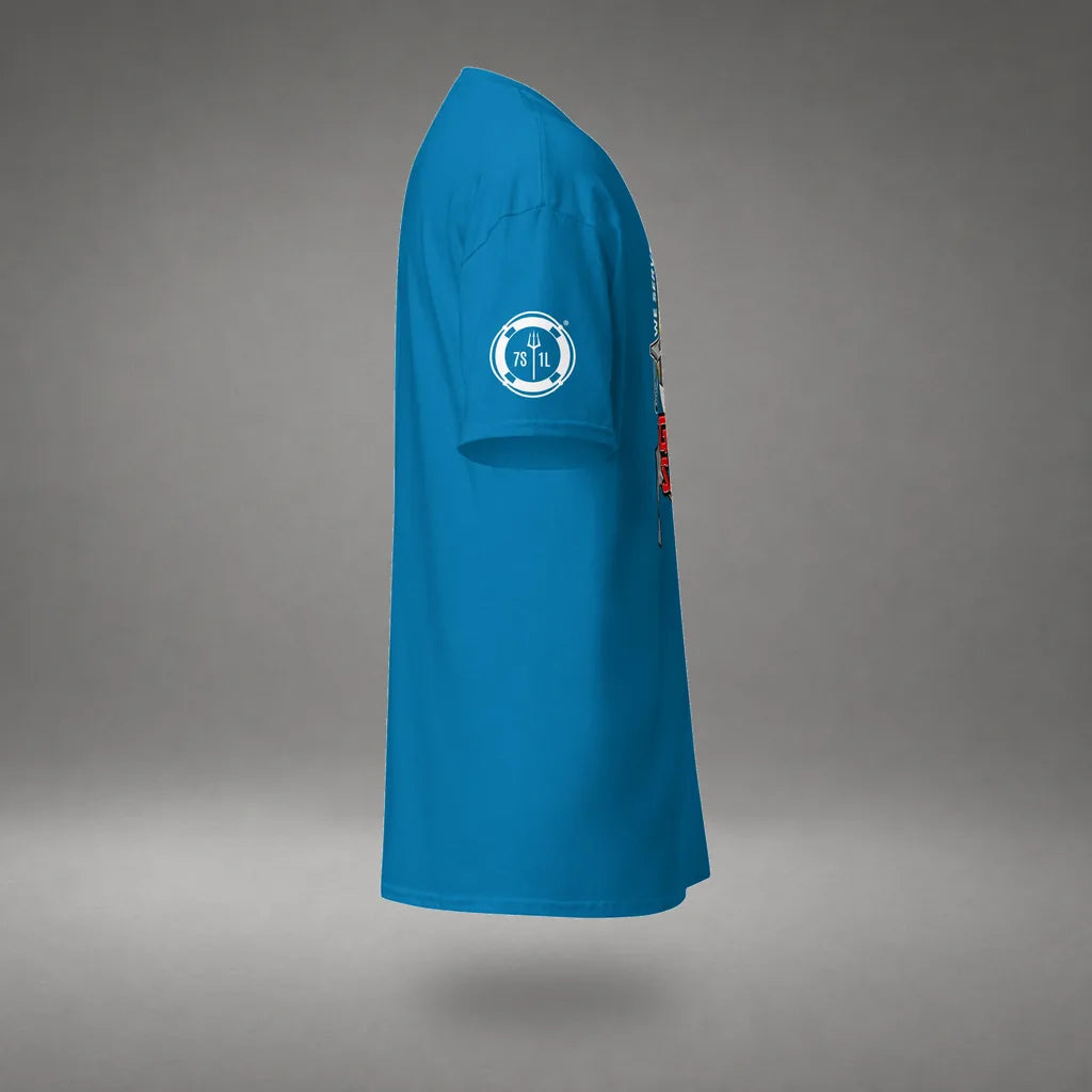 Ship Security Department T-Shirt in Sapphire, right side view, floating over a gray studio floor.