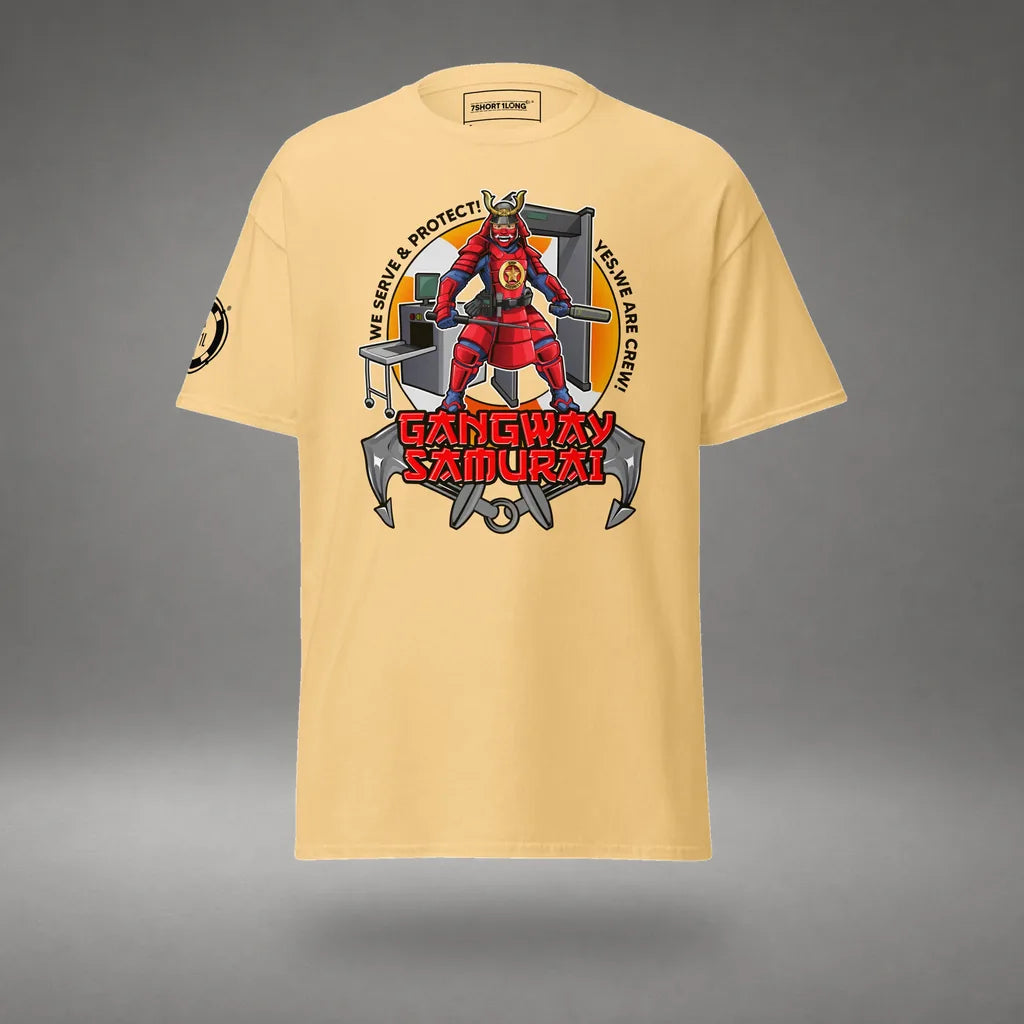 Ship Security Department T-Shirt in Yellow Haze, front view, floating over a gray studio floor.
