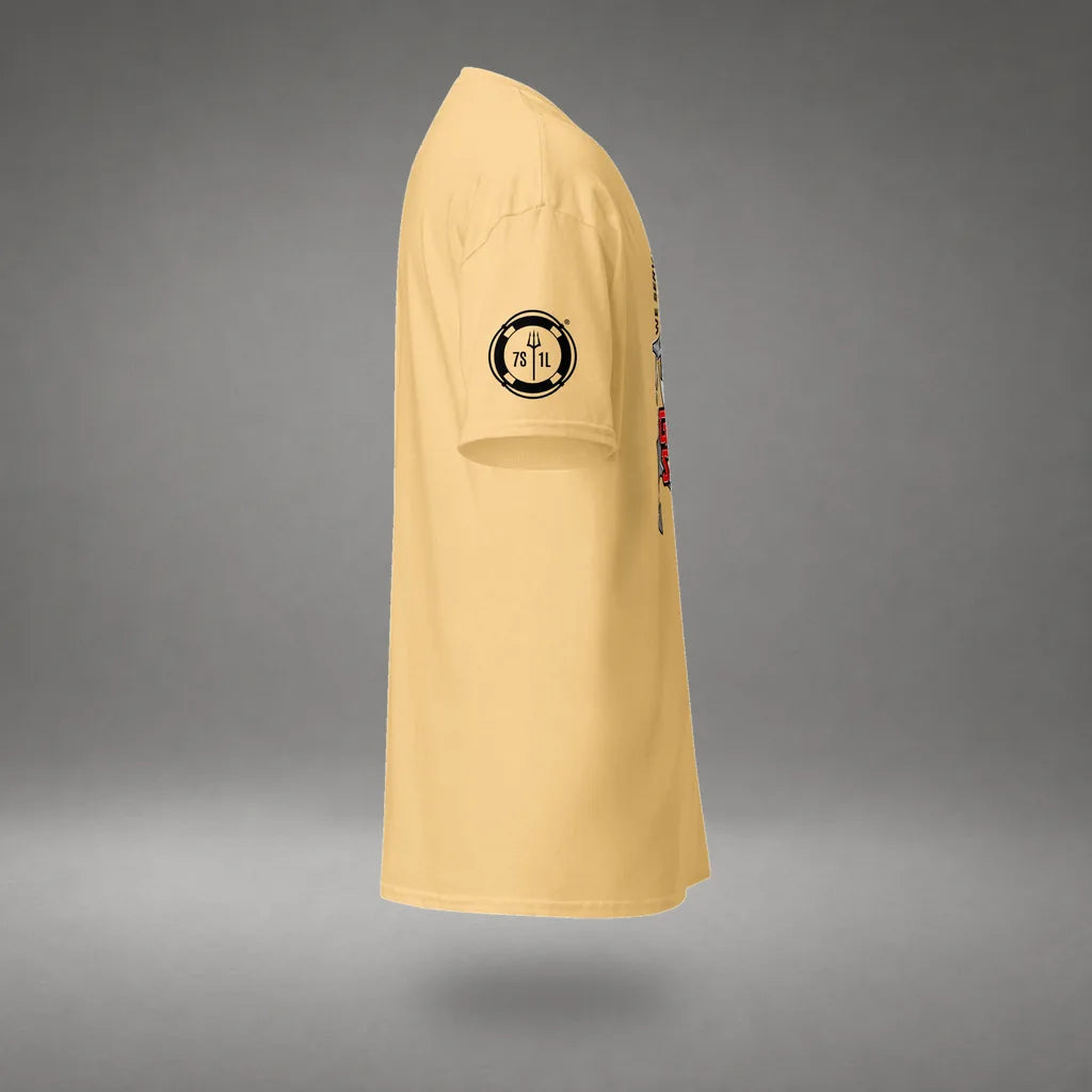 Ship Security Department T-Shirt in Yellow Haze, right side view, floating over a gray studio floor.