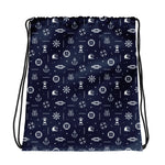 Navy blue drawstring bag with white maritime pattern on a white background