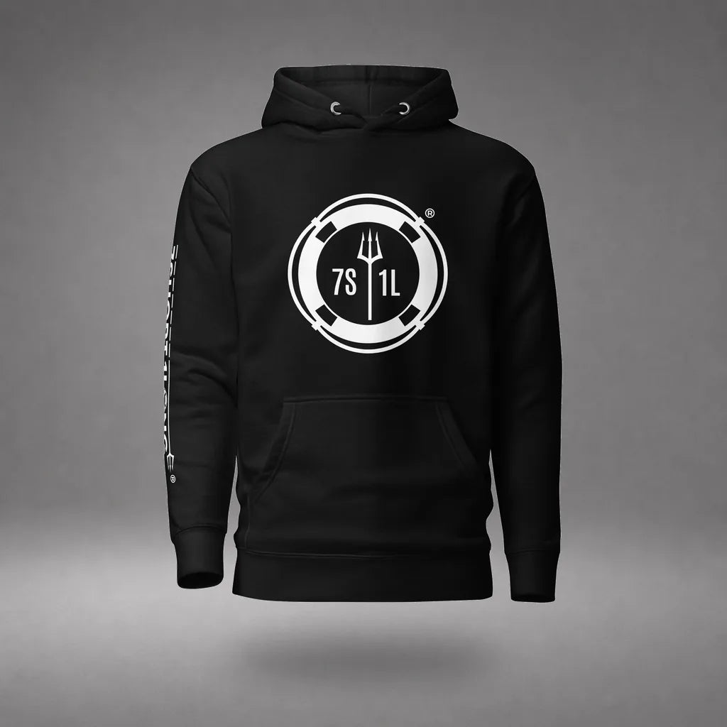Sign On Sign Off Crew Hoodie in Black, featured product view, floating over a gray studio floor.