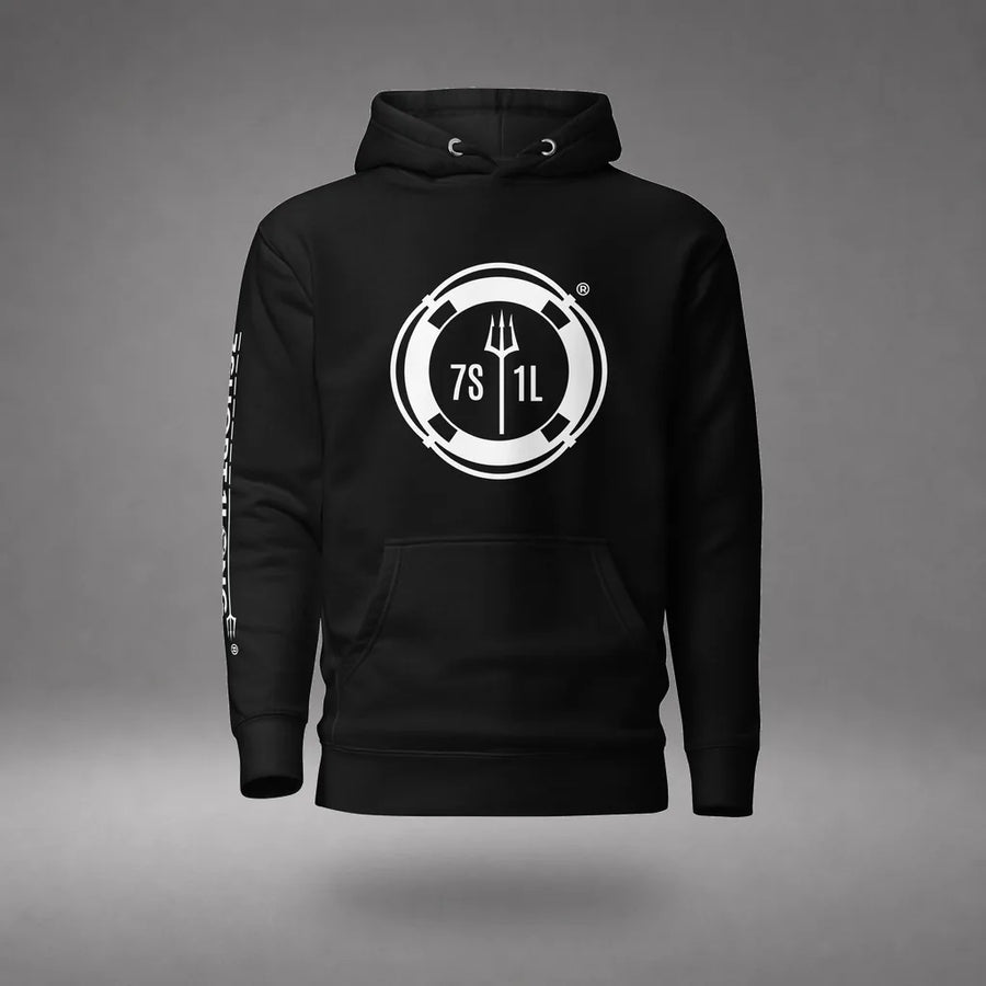 Sign On Sign Off Crew Hoodie in Black, featured product view, floating over a gray studio floor.