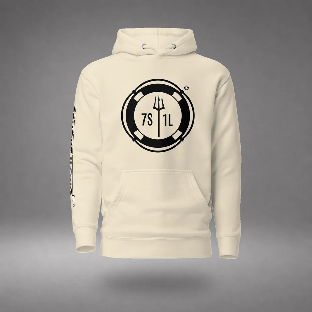 Sign On Sign Off Crew Hoodie in Bone, front view, floating over a gray studio floor.