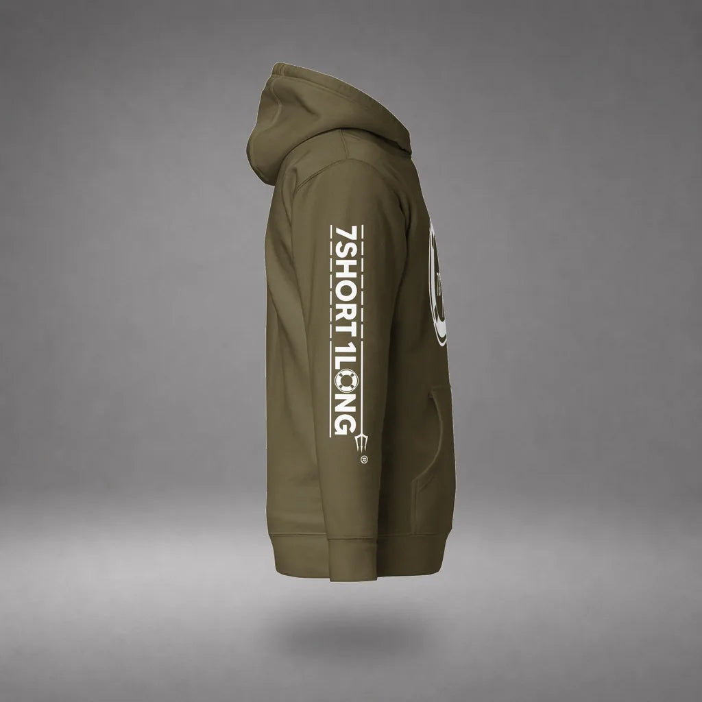 Sign On Sign Off Crew Hoodie in Military Green, right side view, floating over a gray studio floor.