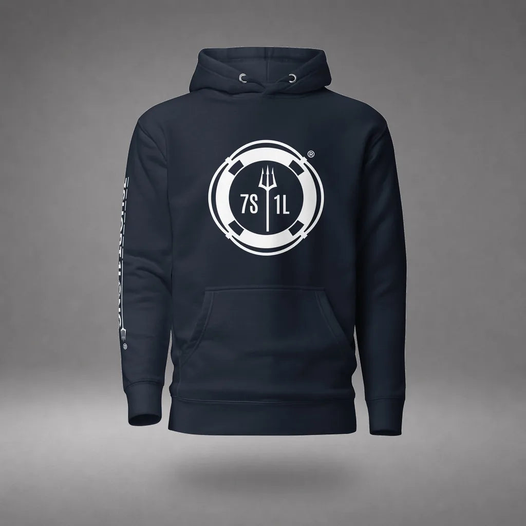 Sign On Sign Off Crew Hoodie in Navy Blazer, front view, floating over a gray studio floor.
