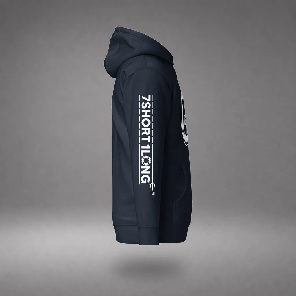 Sign On Sign Off Crew Hoodie in Navy Blazer, right side view, floating over a gray studio floor.