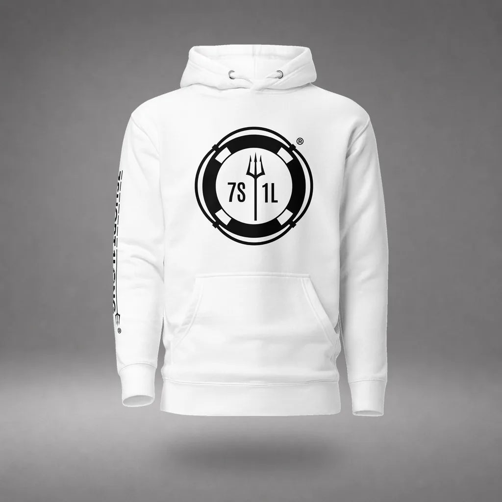 Sign On Sign Off Crew Hoodie in White, front view, floating over a gray studio floor.