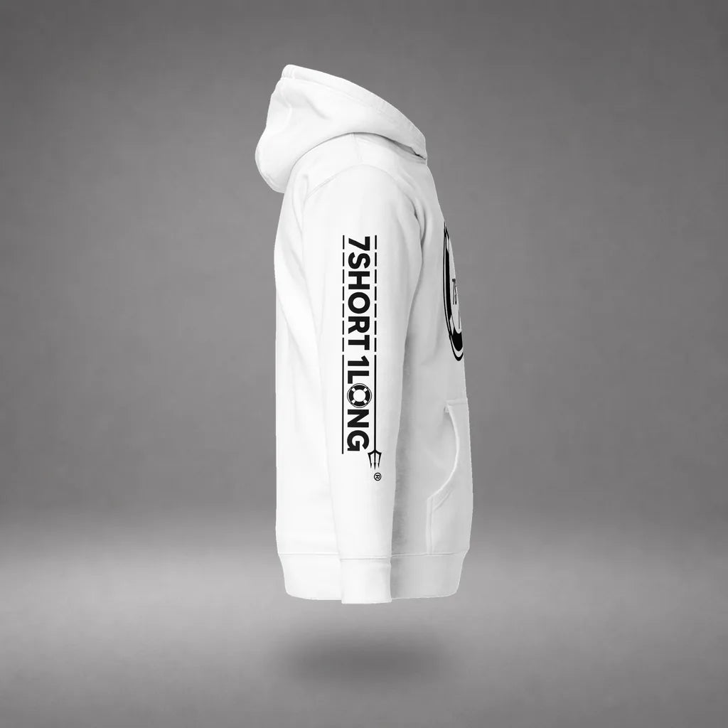 Sign On Sign Off Crew Hoodie in White, right side view, floating over a gray studio floor.