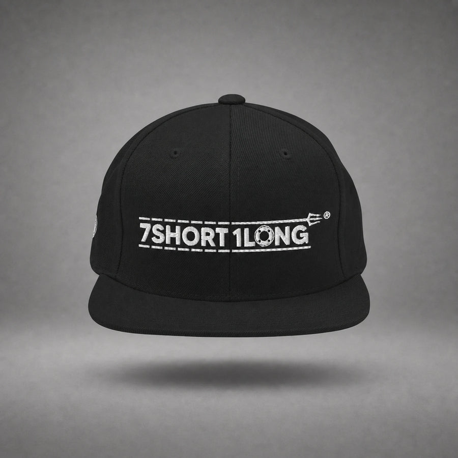 Black SOLAS emergency signal snapback cap shown from the front in a gray floating studio.