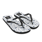 White Coastal Cruise flip flops by 7SHORT1LONG® with colorful sublimation design, shown from front right view.