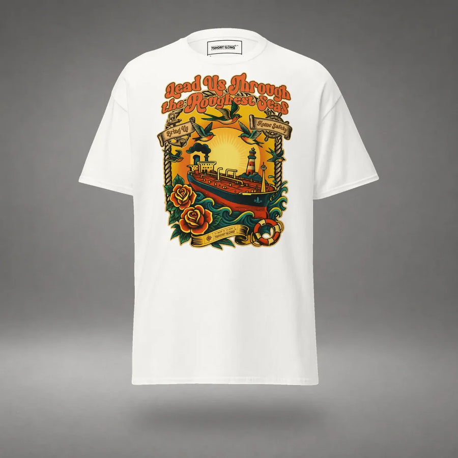 Tanker Ship Nautical Tattoo T-Shirt in White, front view, floating over a gray studio floor.