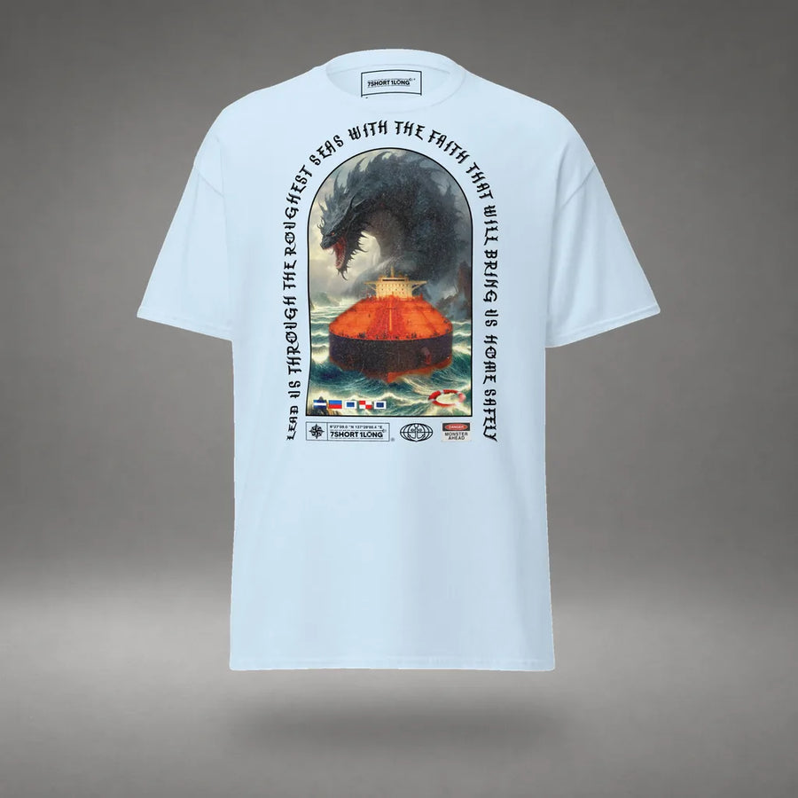 Tanker Ship Sea Monster T-Shirt in Light Blue, front view, floating over a gray studio floor.