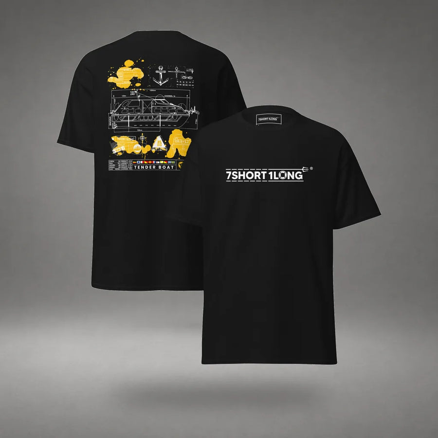 Tender Boat Nautical T-Shirt Maritime Crew in Black, featured product view, floating over a gray studio floor.