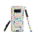 Samsung case with passport stamps from world cruise on white background