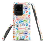 Samsung case with passport stamps from world cruise on white background