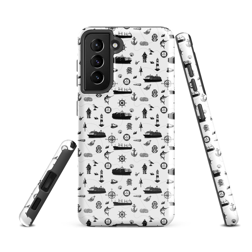 Samsung Galaxy S21 FE case with cargo container ship design by 7SHORT1LONG®, featuring a glossy, tough protective cover.