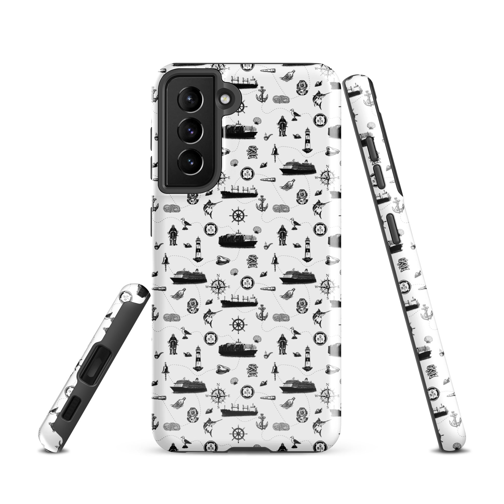 Samsung Galaxy S21 case with cargo container ship design by 7SHORT1LONG®, glossy tough protective phone cover.