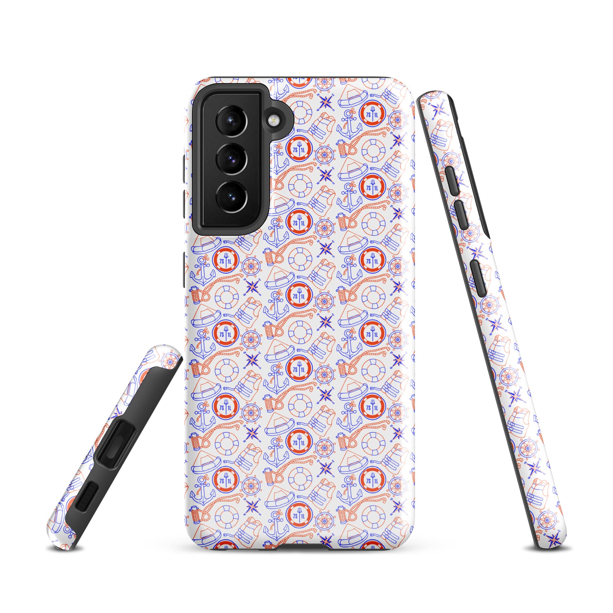 Samsung Galaxy S21 Coast Guard case by 7SHORT1LONG® with maritime duty design, featuring a glossy, rugged protective phone cover.