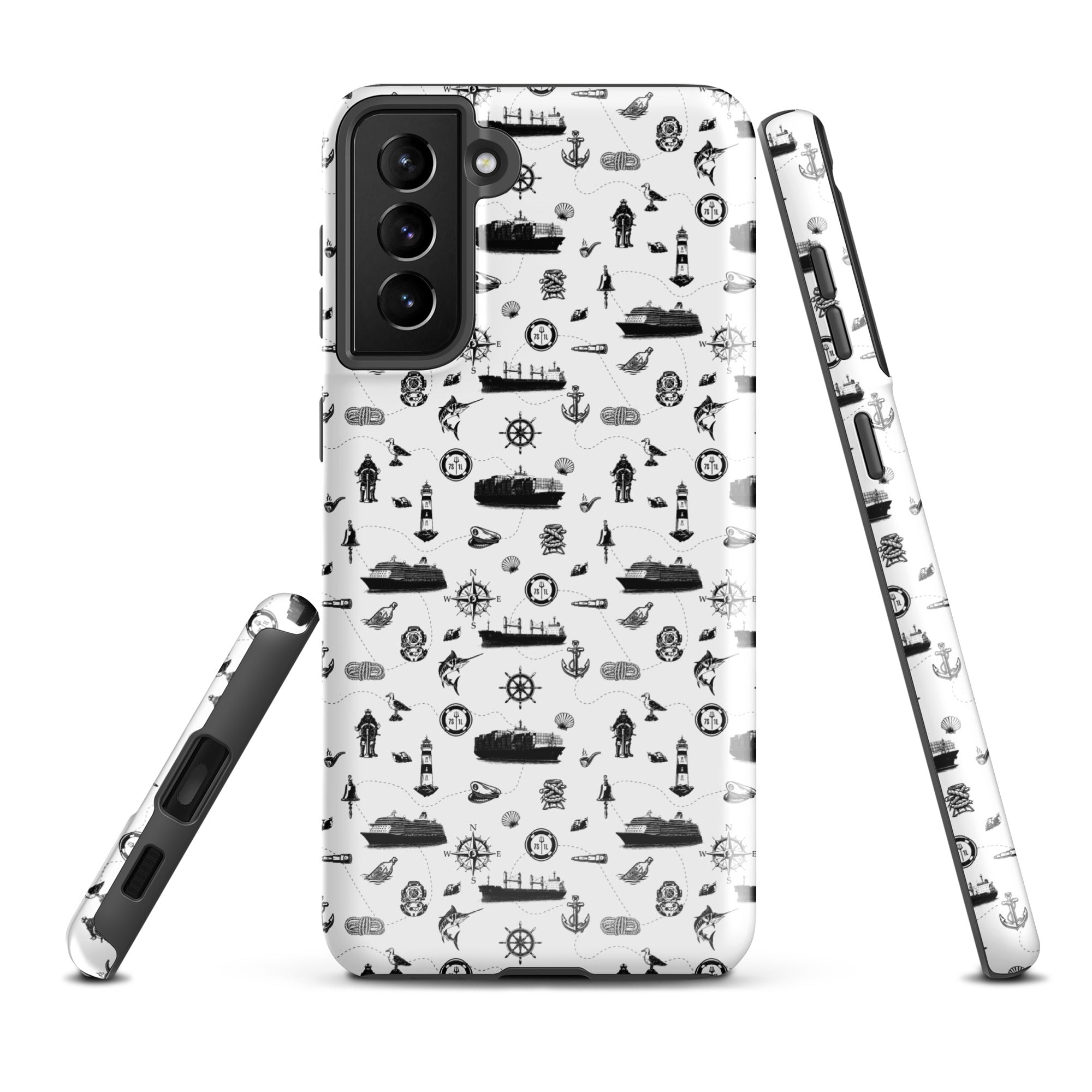 Samsung Galaxy S21 Plus container ship cargo design tough case by 7SHORT1LONG® with glossy finish, front view showing cargo ship graphic.