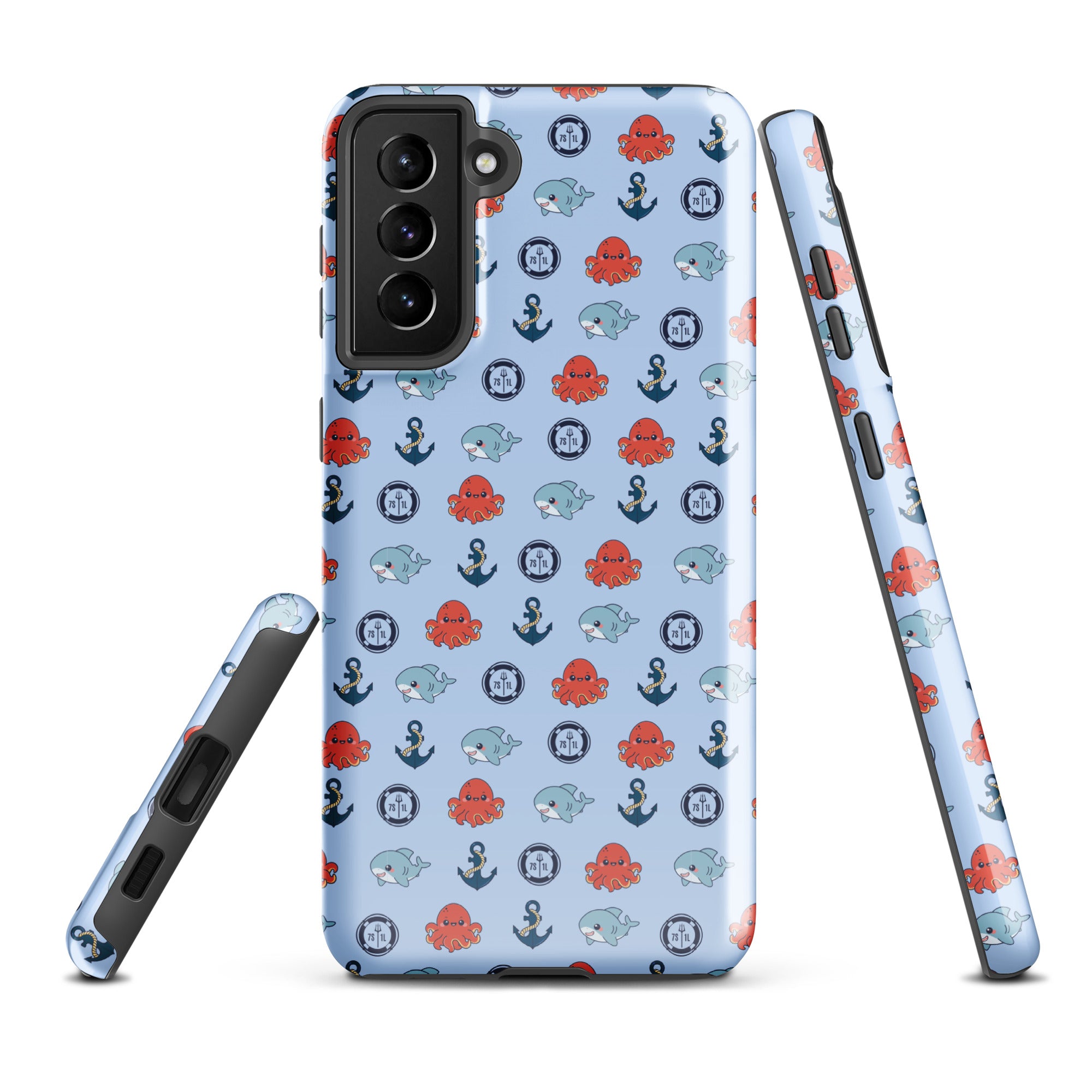 Cute baby octopus Samsung Galaxy S21 Plus case by 7SHORT1LONG® with glossy ocean-inspired design, front view of the tough phone case.