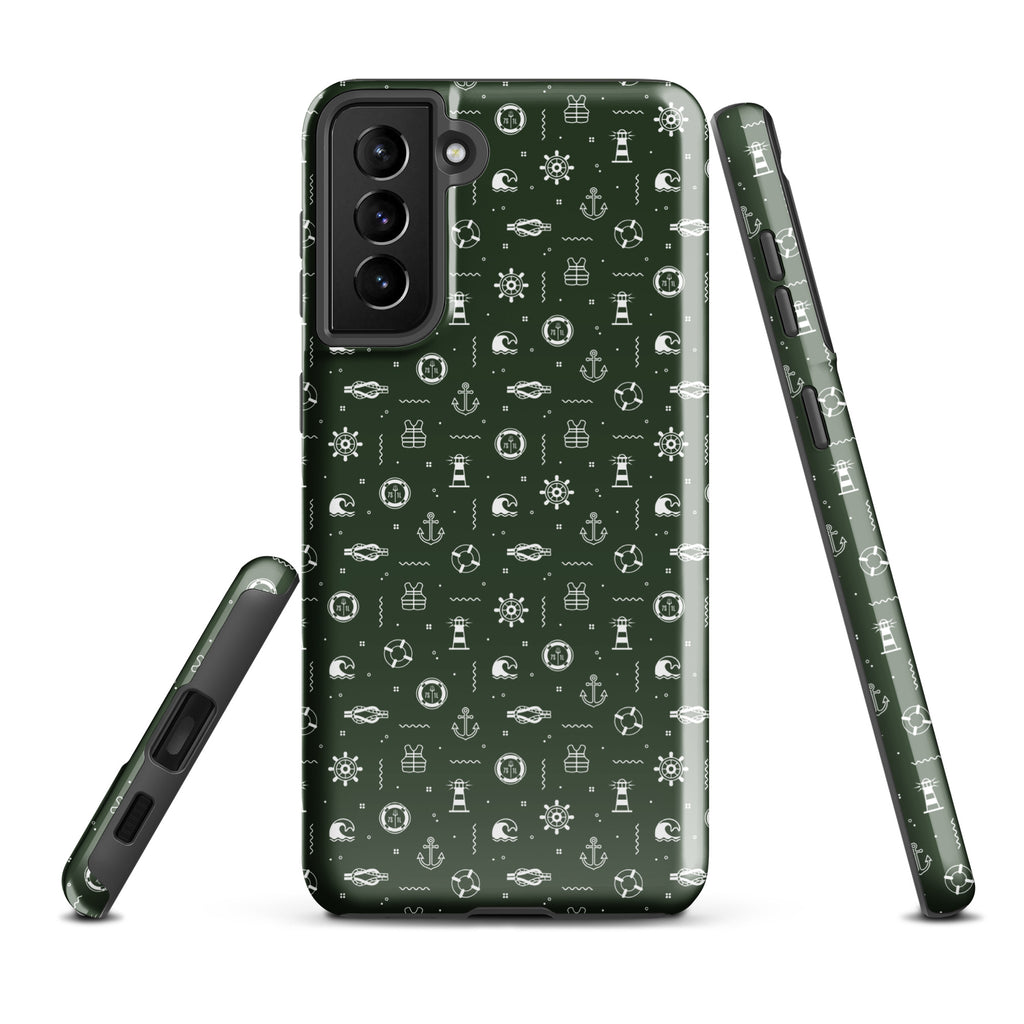 Nautical design Anchor Seafarer Samsung Galaxy S21 Plus case by 7SHORT1LONG®, glossy tough phone cover with anchor pattern.