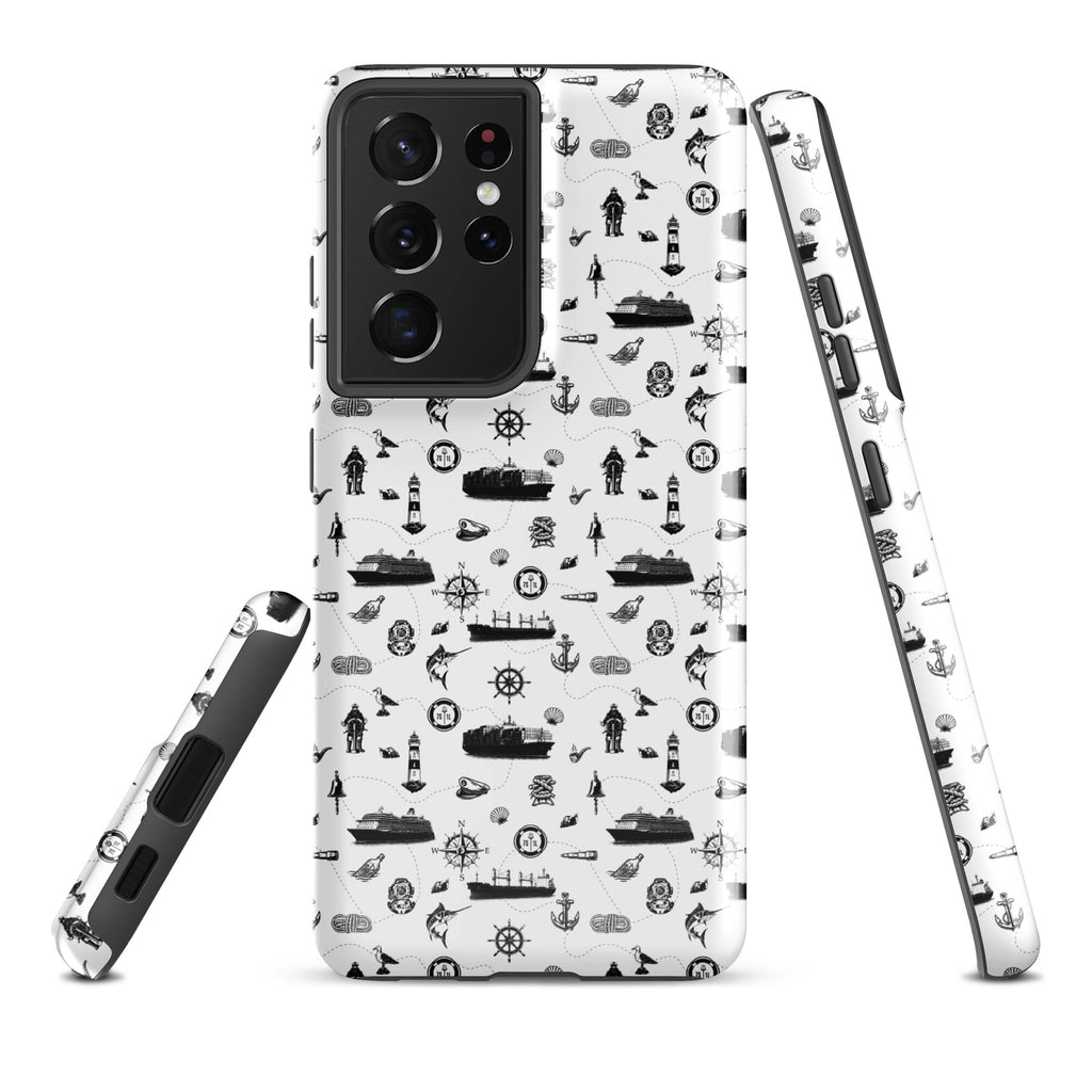 Samsung Galaxy S21 Ultra container ship cargo design tough case by 7SHORT1LONG® with glossy finish and detailed cargo ship image.