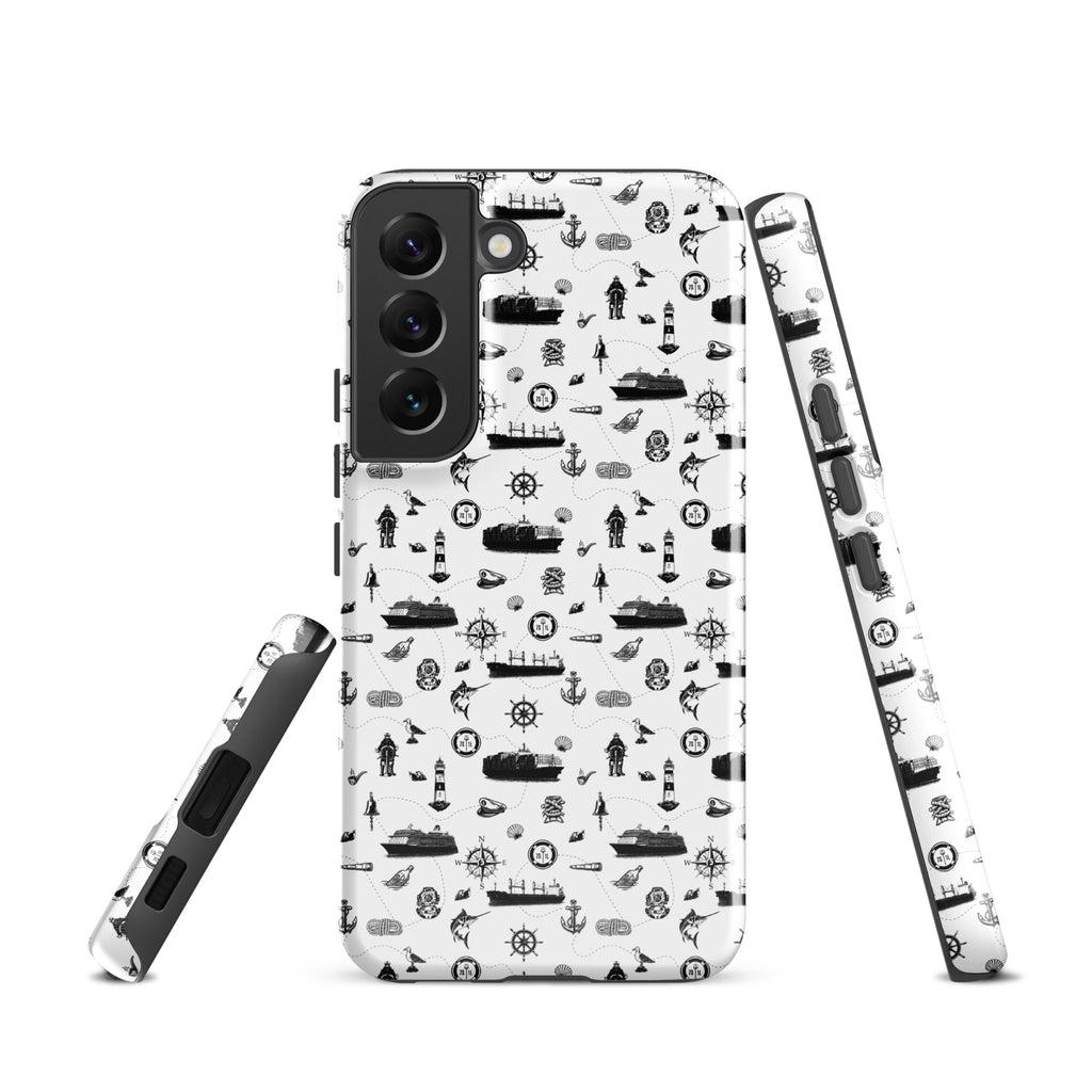 Samsung Galaxy S22 container ship cargo design tough case by 7SHORT1LONG® with glossy finish and detailed cargo ship illustration