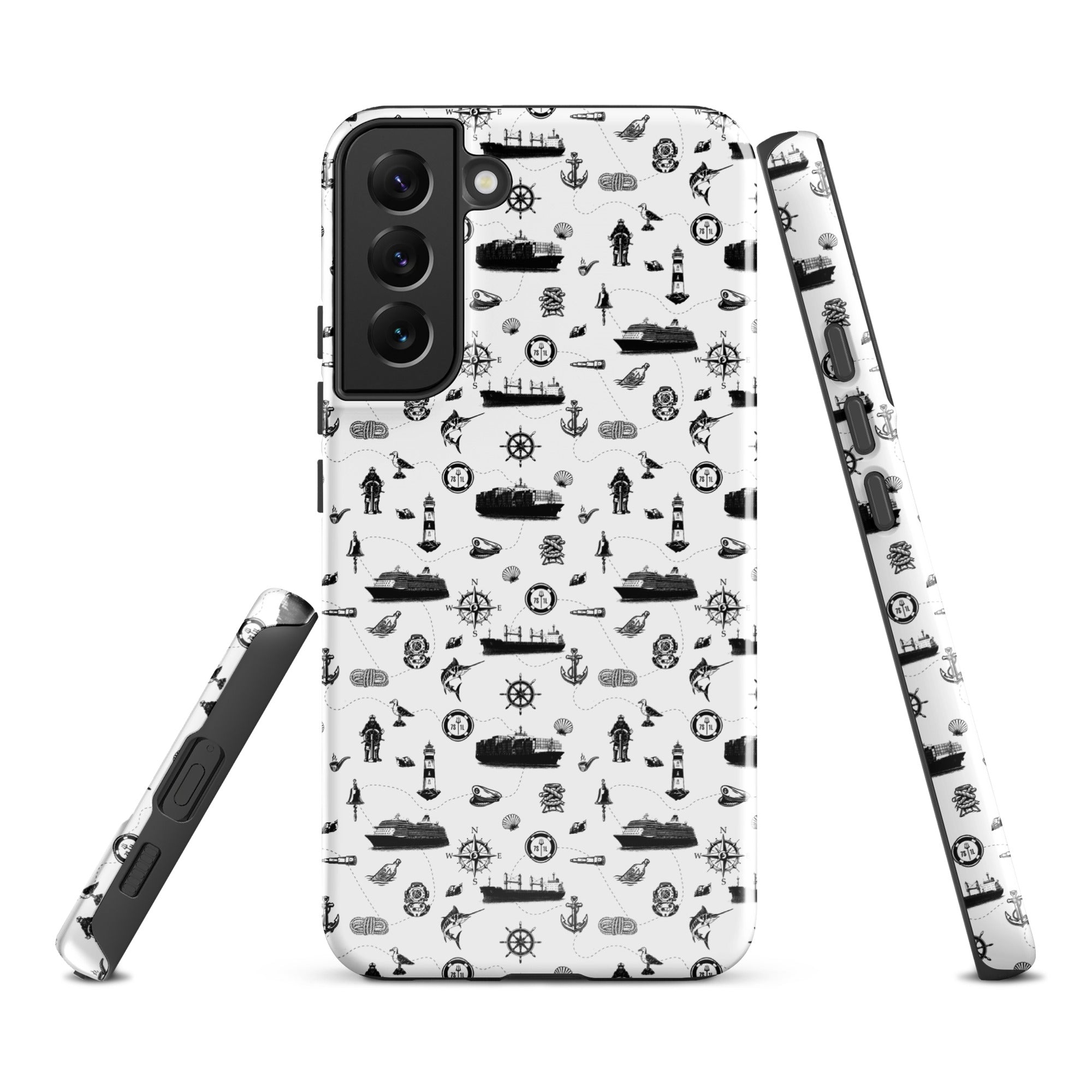 Samsung Galaxy S22 Plus case with cargo container ship design by 7SHORT1LONG®, glossy tough protective phone cover.