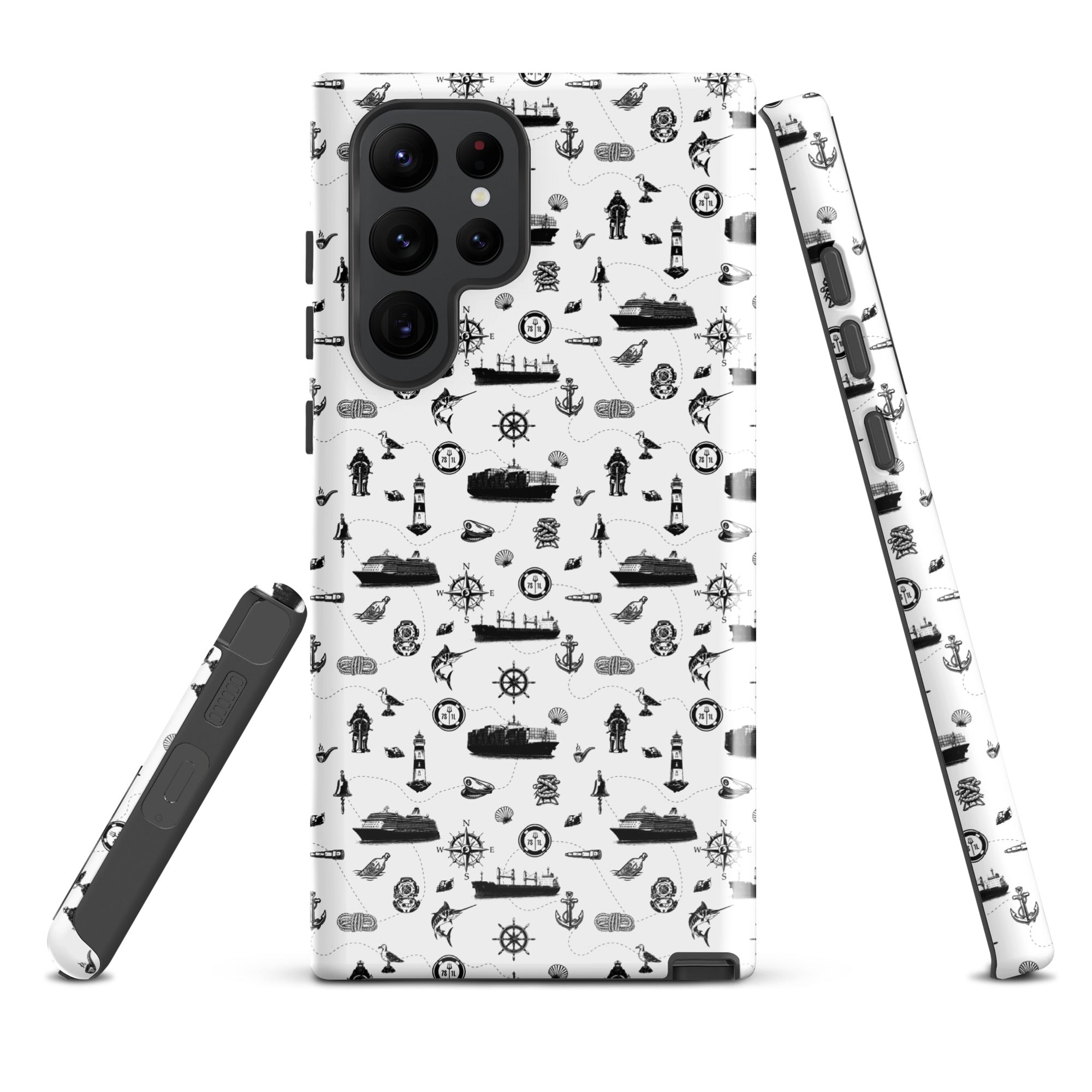 Samsung Galaxy S22 Ultra case with cargo ship design from 7SHORT1LONG®, featuring a glossy, tough protective cover.