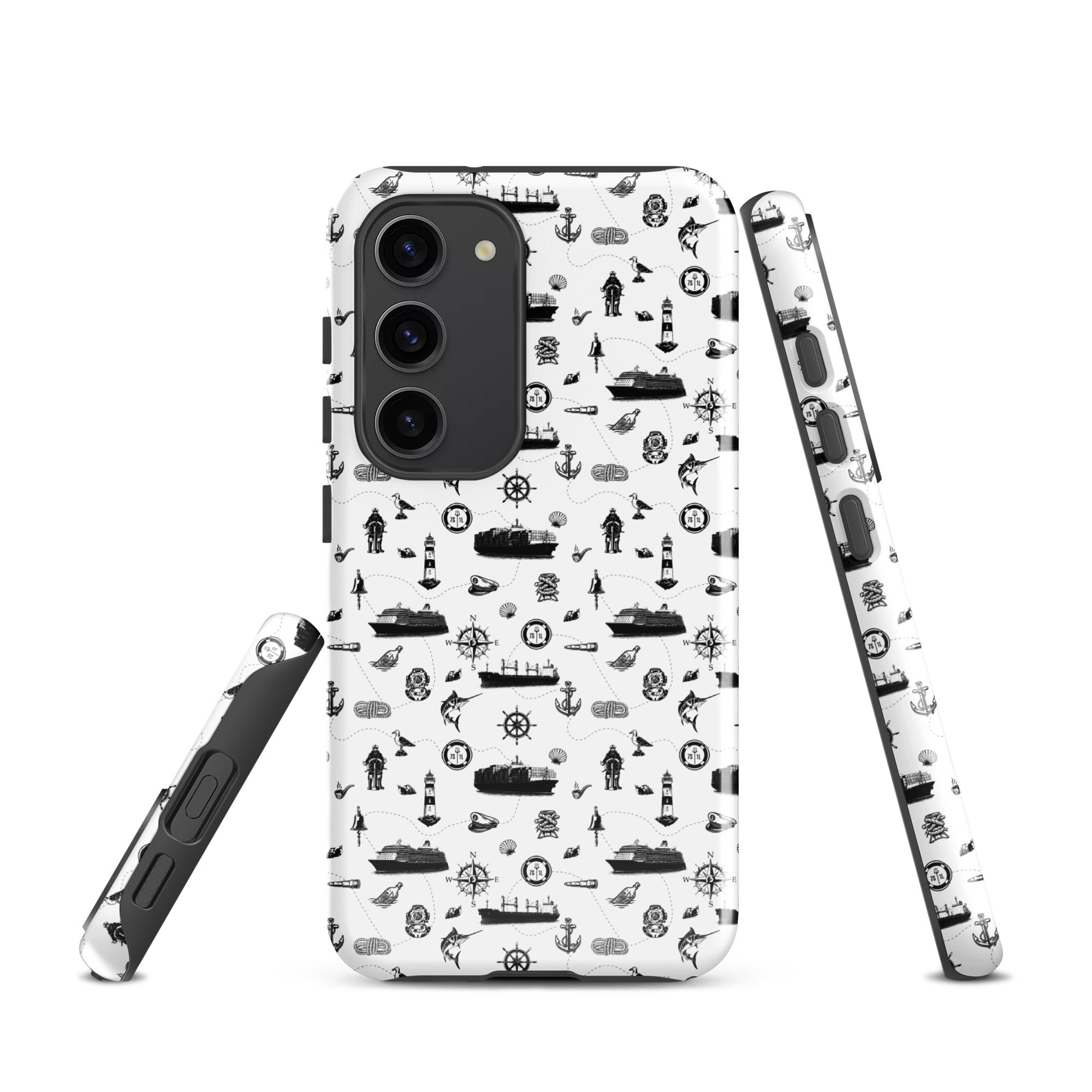Samsung Galaxy S23 container ship cargo design tough case by 7SHORT1LONG®, featuring a glossy finish with detailed cargo ship artwork.
