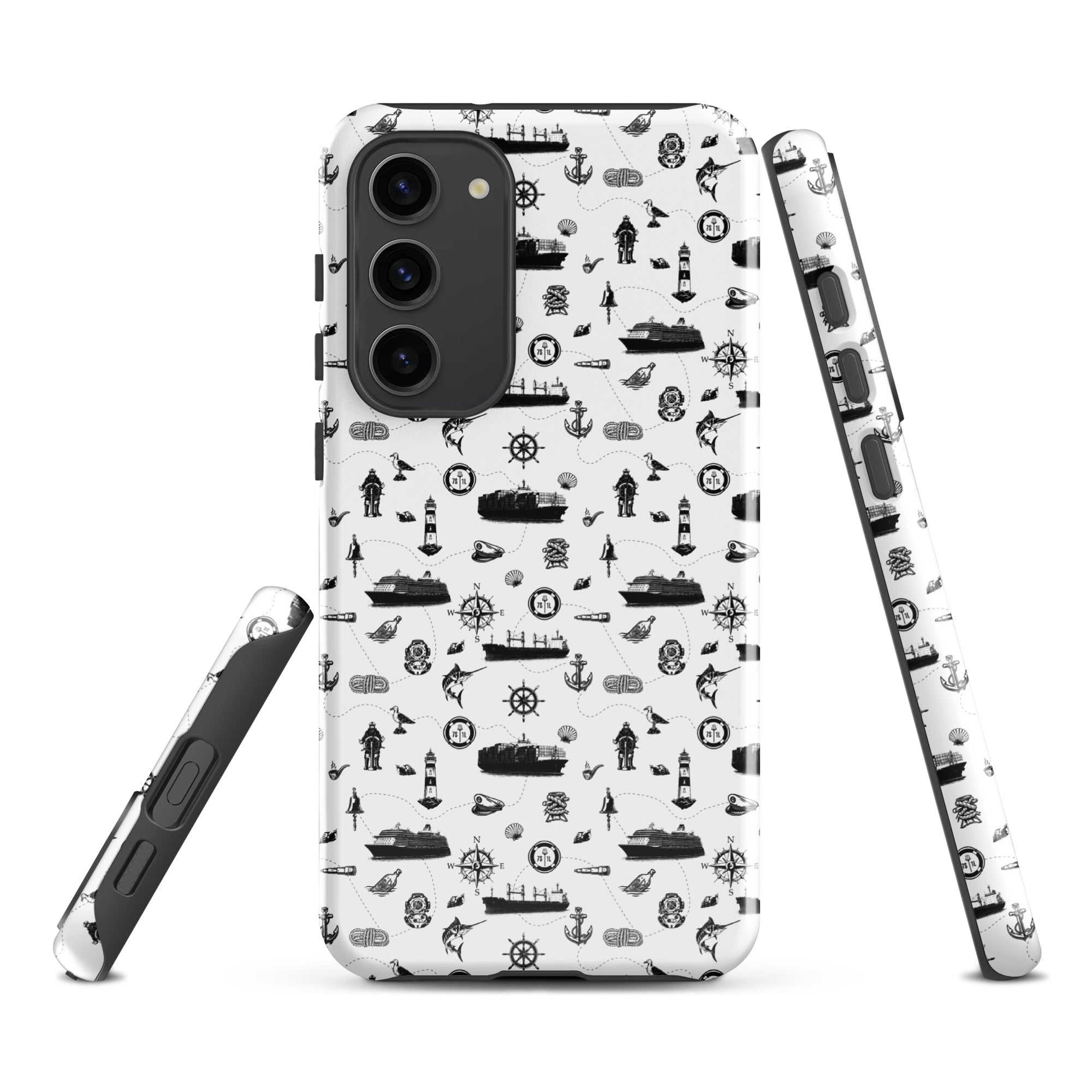 Samsung Galaxy S23 Plus container ship cargo design tough case by 7SHORT1LONG® with glossy finish and rugged protection.