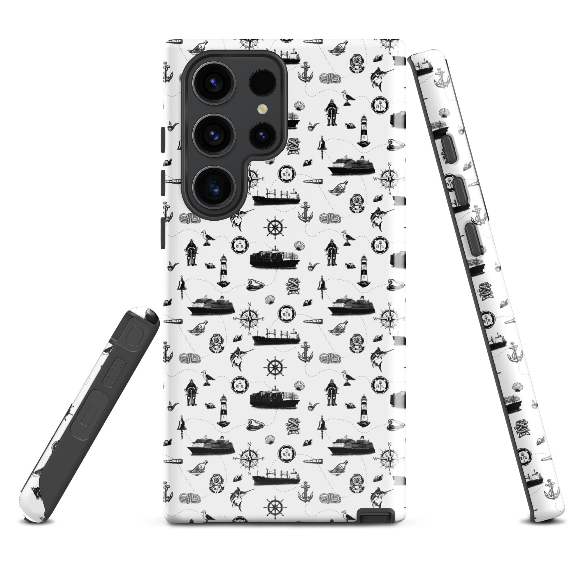 Samsung Galaxy S23 Ultra case with cargo ship design from 7SHORT1LONG® featuring a glossy, durable protective exterior.