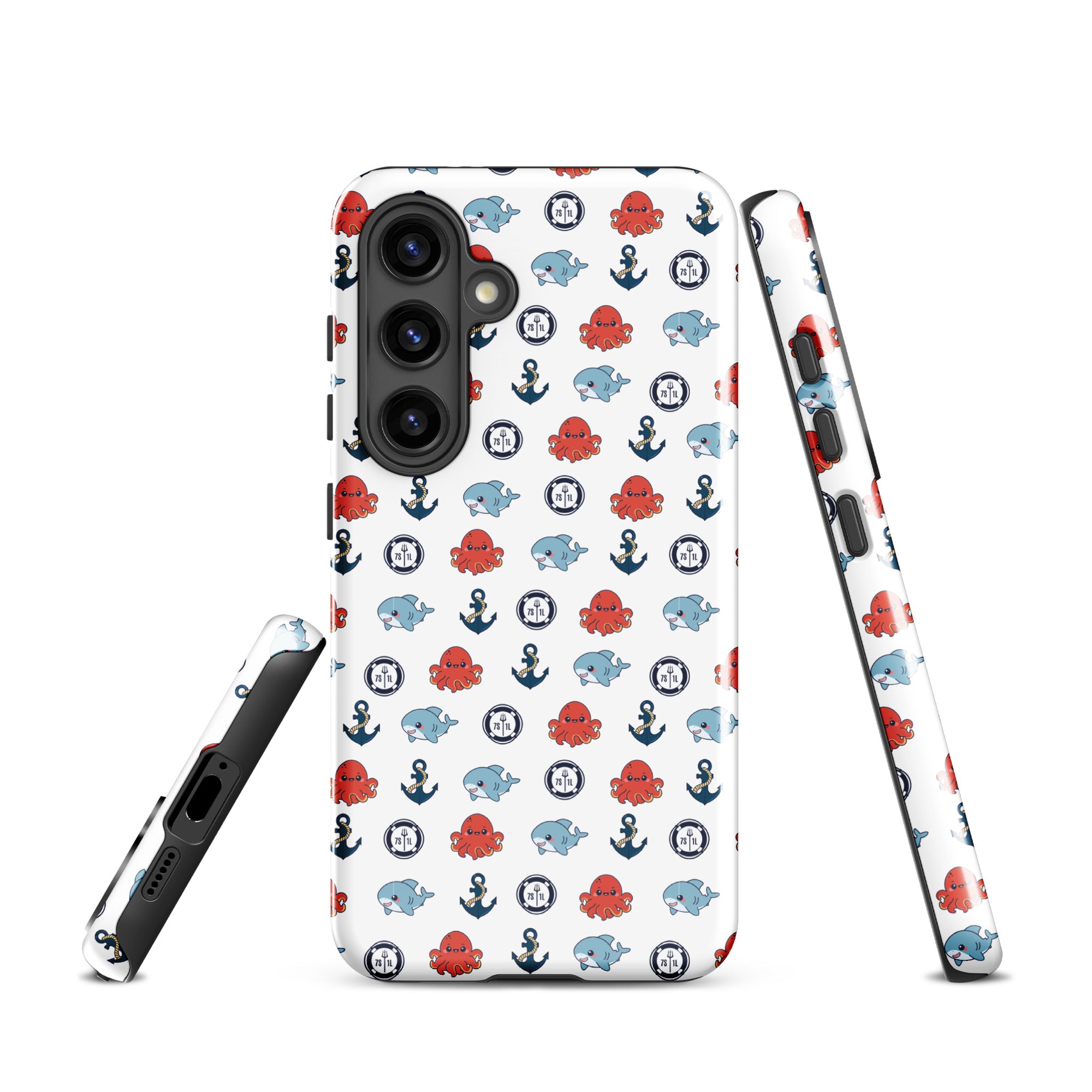 Cute Ocean Party Samsung Galaxy S24 case with fun marine design, glossy finish, and durable tough protection by 7SHORT1LONG®.