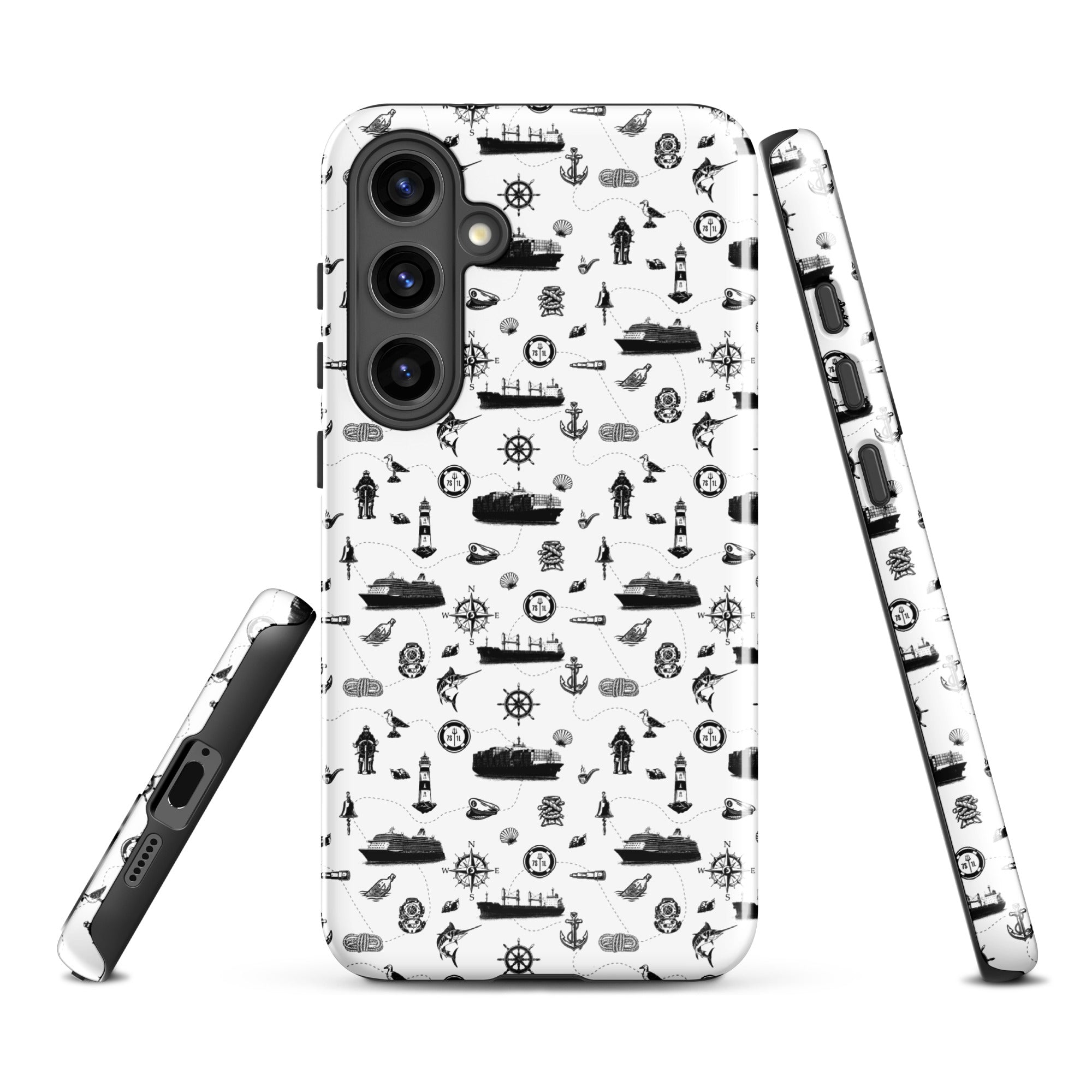 Samsung Galaxy S24 Plus case with cargo ship cargo design, 7SHORT1LONG® tough glossy protective cover, front view.