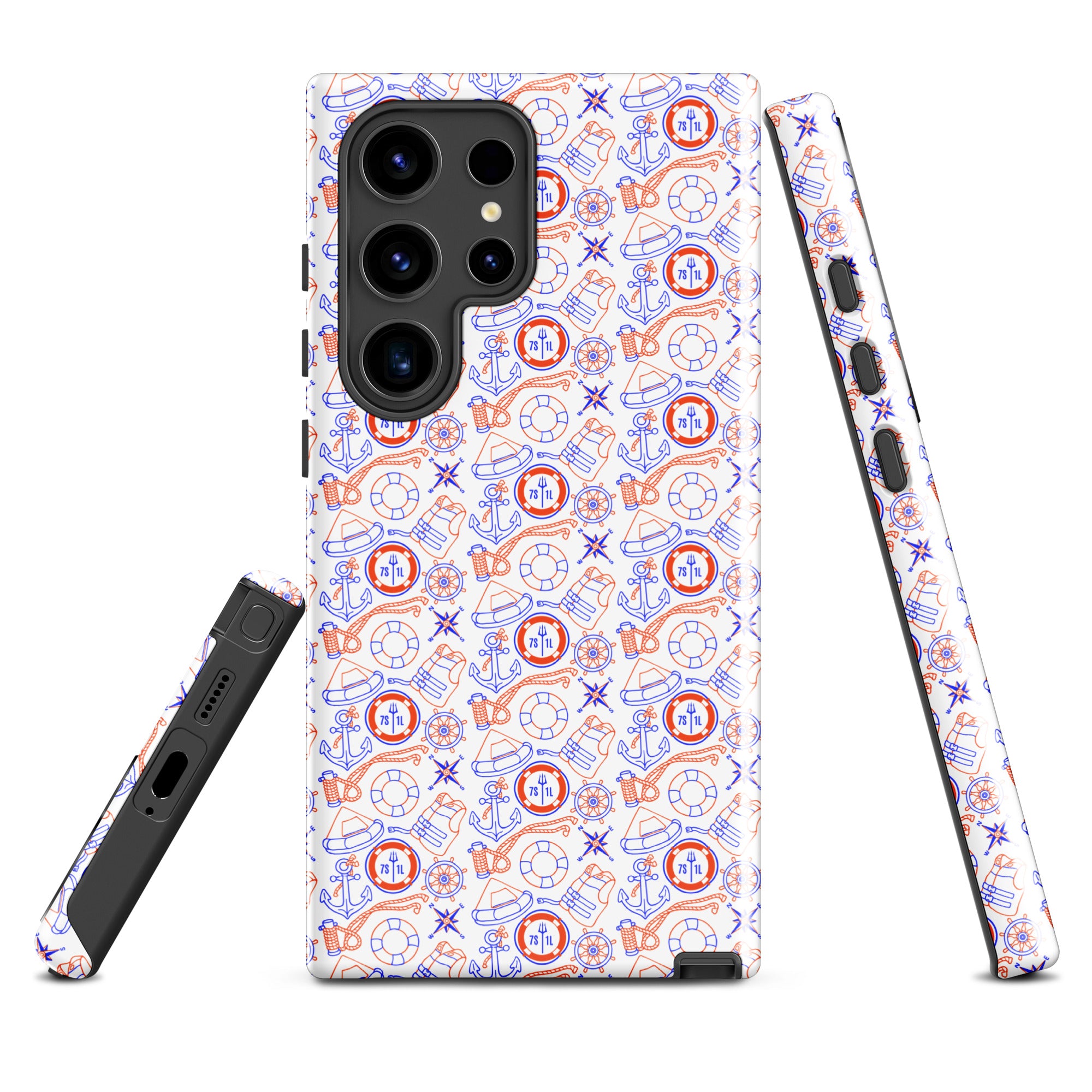 Durable Coast Guard Samsung Galaxy S24 Ultra case with maritime duty design by 7SHORT1LONG®, glossy finish, front view.