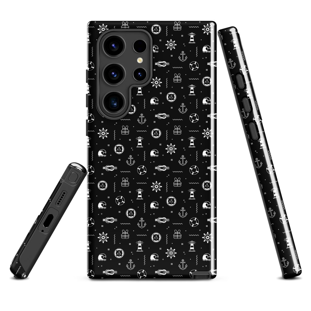 Phone case with black and white pattern on a white background