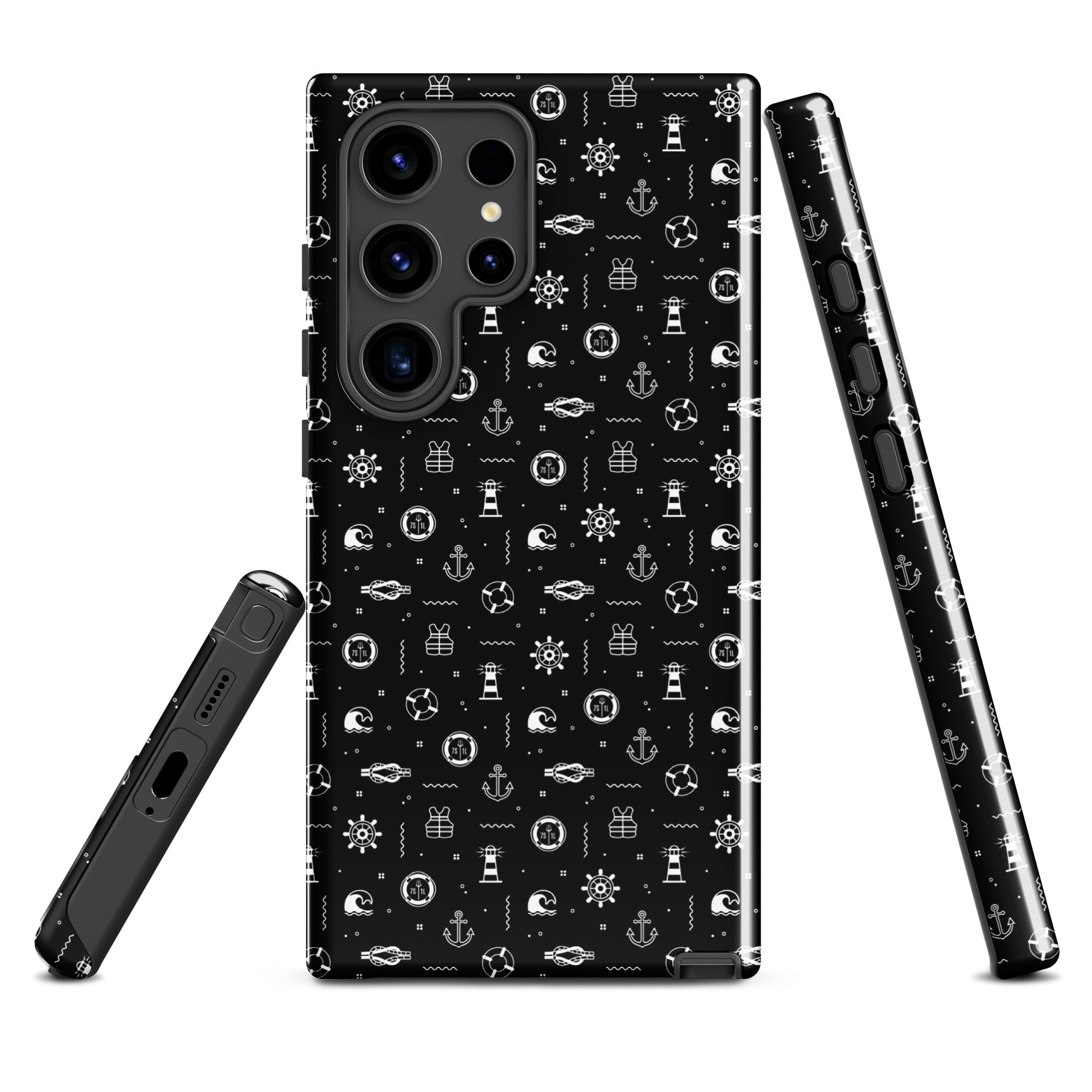 Phone case with black and white pattern on a white background