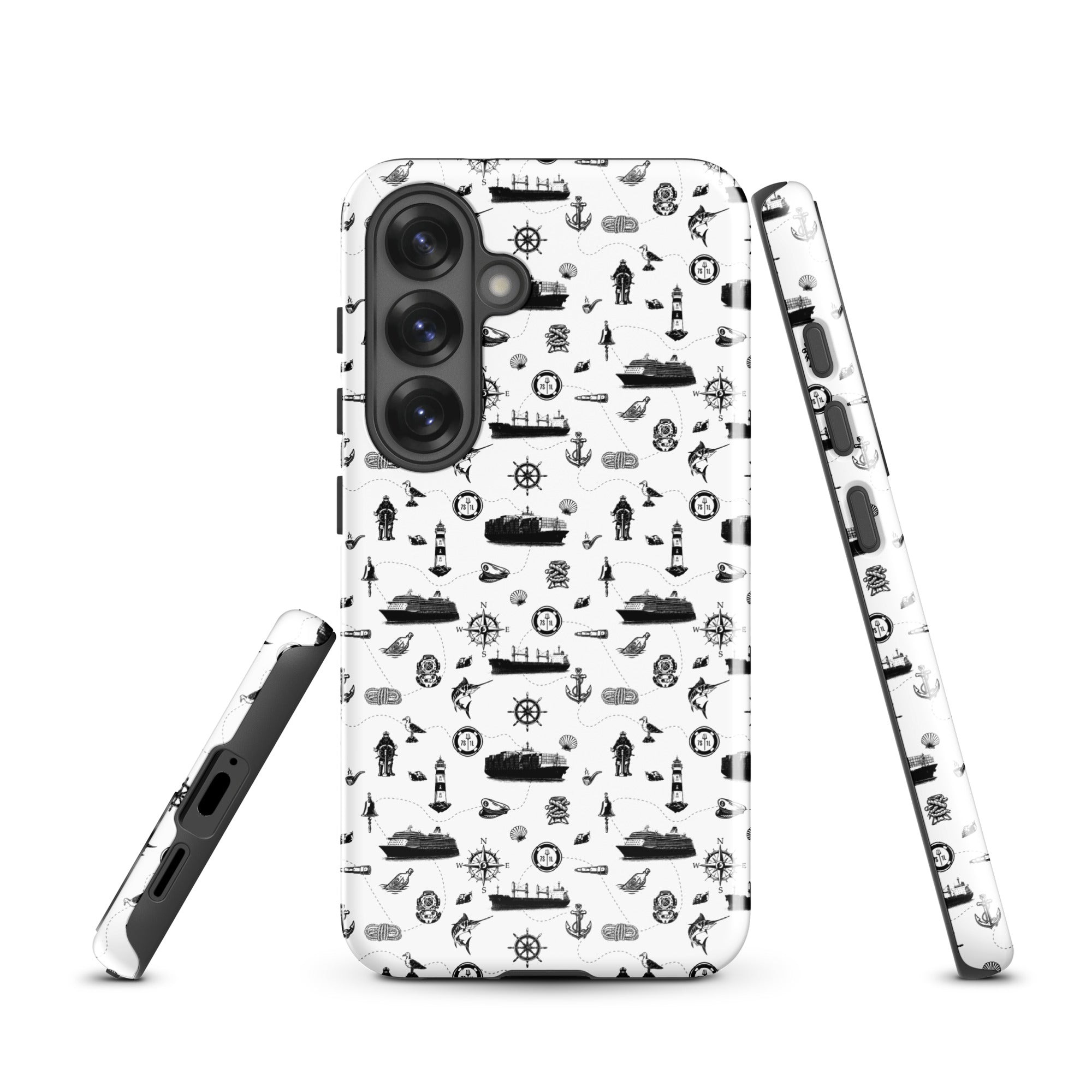 Samsung Galaxy S25 container ship cargo design tough case by 7SHORT1LONG® featuring a glossy finish and cargo ship graphic.