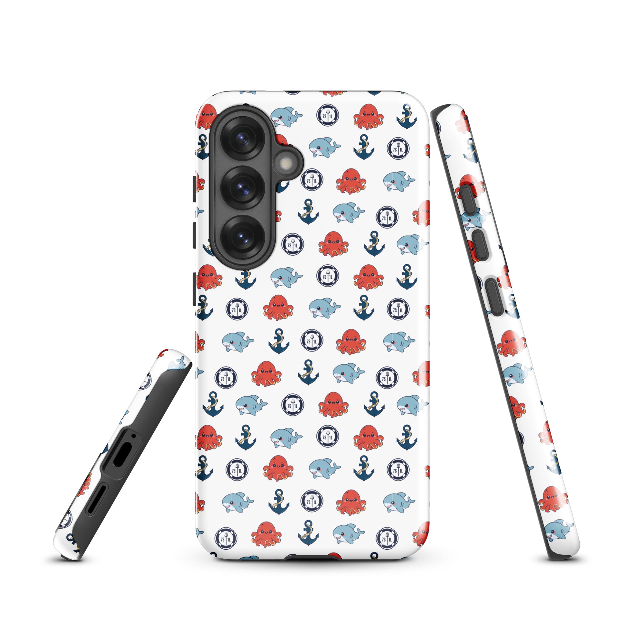 Cute Ocean Party Samsung Galaxy S25 case with marine design, durable tough case from 7SHORT1LONG® featuring glossy finish.