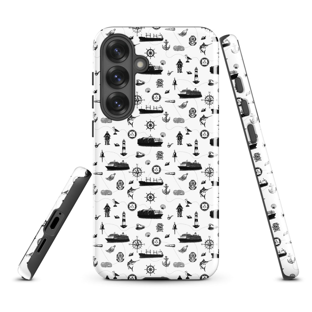 Samsung Galaxy S25+ container ship cargo design tough case by 7SHORT1LONG® with glossy finish, featuring a detailed cargo ship illustration.
