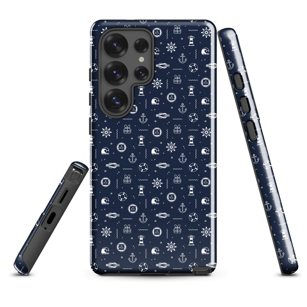 Samsung Phone case with a nautical pattern on a navy colored phone